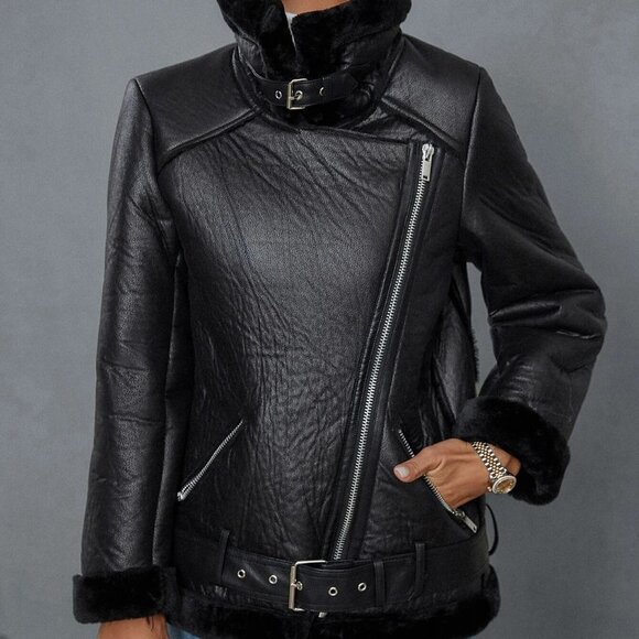 Black Preppy womens Teddy Panel Zip Up Moto Jacket - Picture 5 of 5